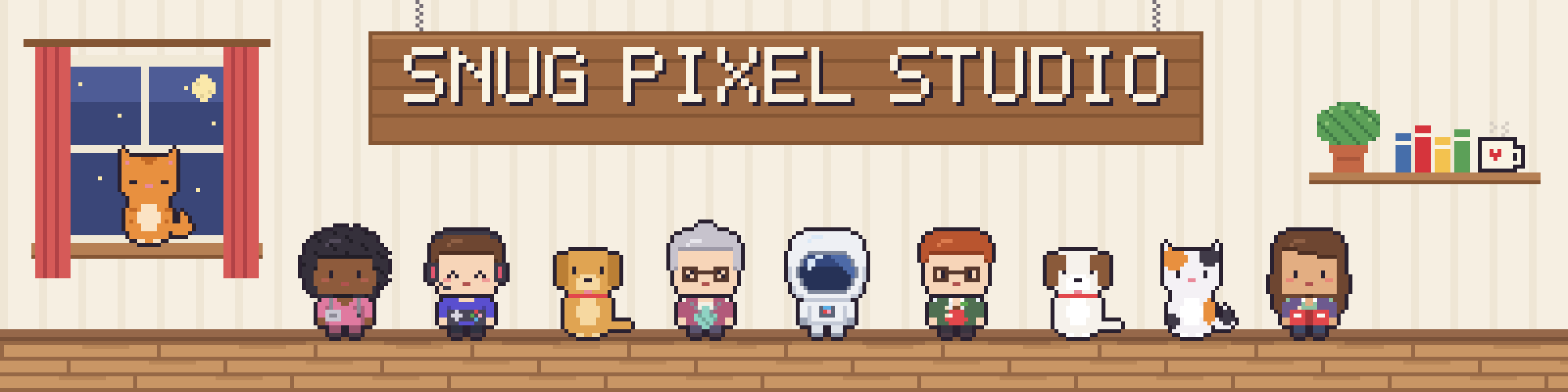 A pixel art shop with a sleeping cat in the window and a row of little characters: a nurse, a gamer, a dog, a grandma, an astronaut, a teacher, two pets and a reader